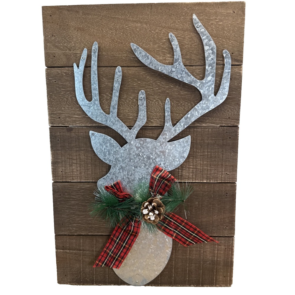Rustic Cabin Wood Sign‎ With Tin Reindeer 18"x12in